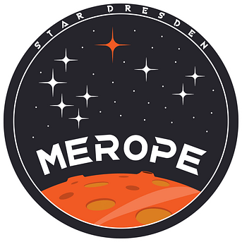 Rundes Logo mit Marsoberfläche im unteren Bereich. Darüber Merope Schriftzug unter einem Sternenhimmel mit den Plejaden hervorogehoben in dem der Stern Merope rot gekennzeichnet ist